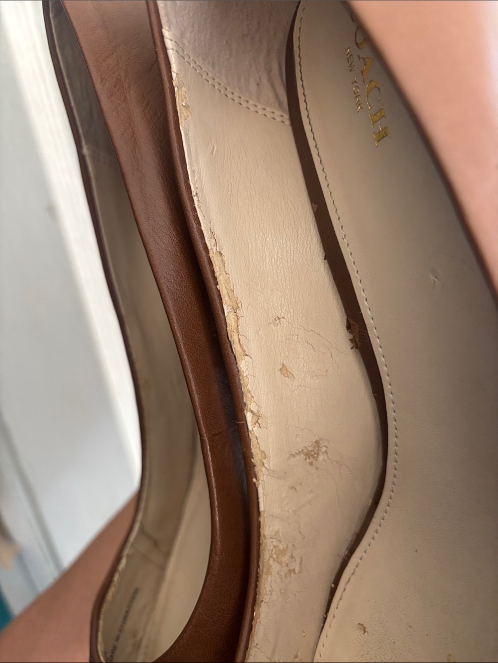 COACH Brown Leather Pointed Toe Flats with Patterned Toe and Gold Plaque - Picture 9 of 16